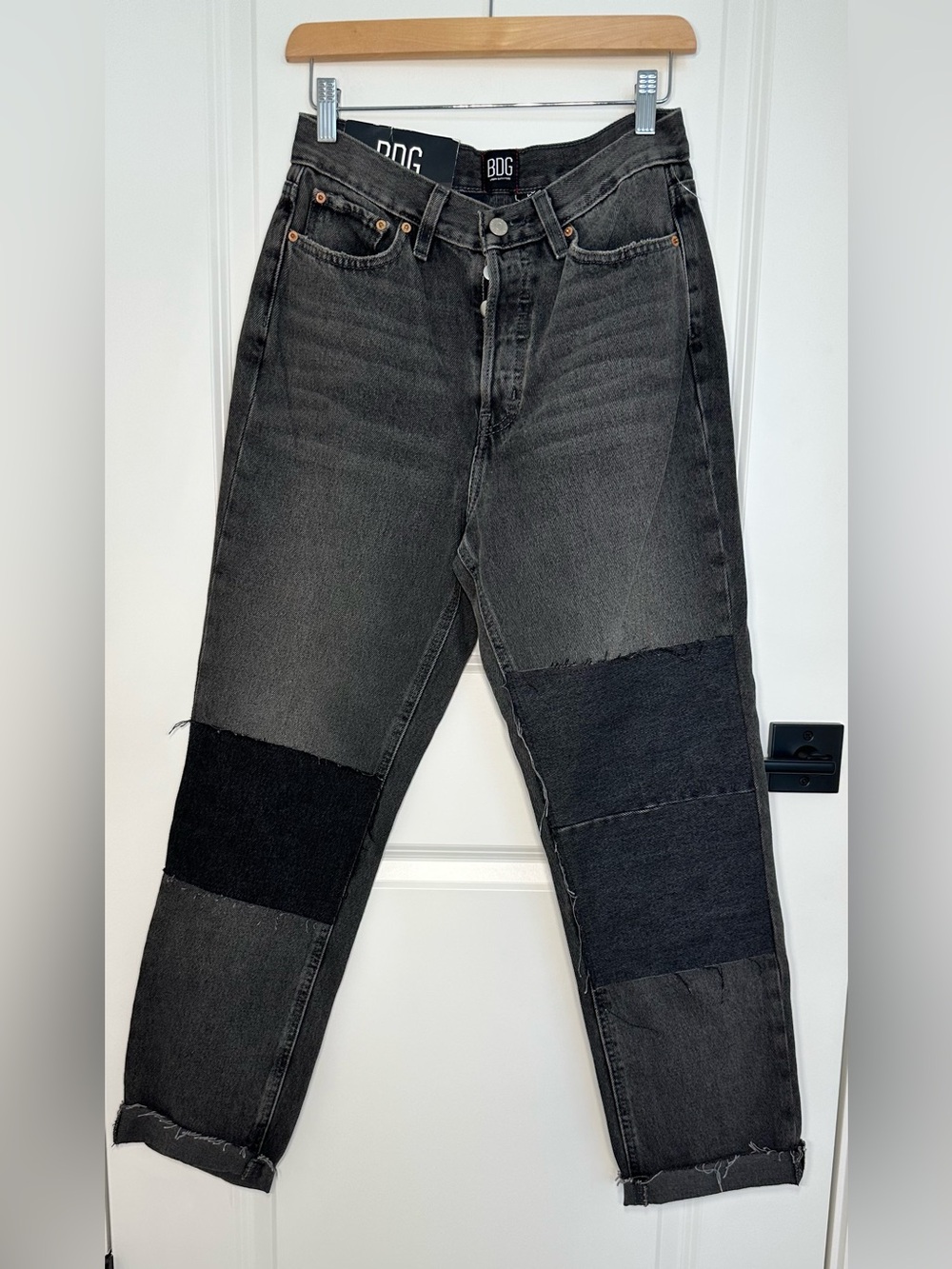 BDG women’s Charcoal Gray Jeans with Dark Denim Patchwork Knees